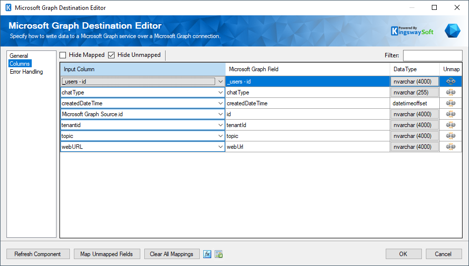 SSIS Microsoft Graph Destination Component - Columns